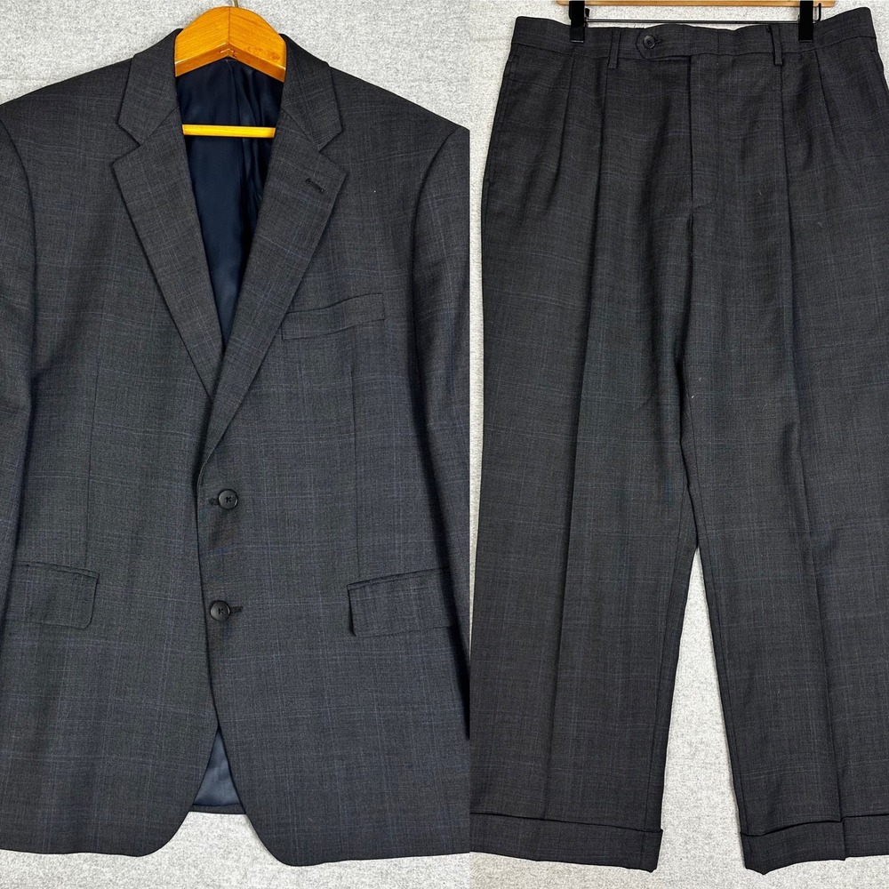 Nautica Suit Jacket Pants 42S 36x30 Gray Glen Plaid Wool Pleated Cuffed